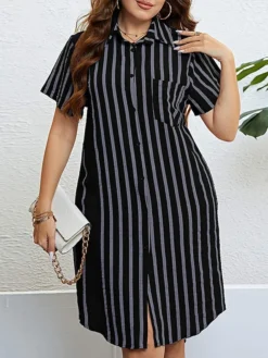 Women‘s Plus Size Curve Shirt Dress Casual Dress Shift Dress Midi Dress Outdoor Daily Vacation Polyester Fashion Modern Shirt Collar Button Pocket Short Sleeve Summer Spring 2023 Regular Fit -HANs Plus Size Style Shop aafqwv1691465816191