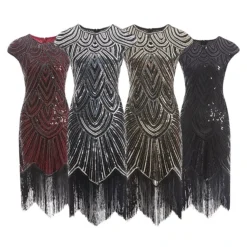 Women's Retro 1920s Fringe Dress Midi Dress Party Holiday Sequins Tassel Fringe Geometric Crewneck Short Sleeve Regular Fit Spring Fall 2023 Silver Black XS S M L -HANs Plus Size Style Shop aaocwk1692674885748