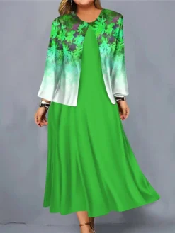 Women's Plus Size Curve Casual Dress Dress Set Two Piece Dress Floral Gradient Midi Dress Long Sleeve Print Crew Neck Fashion Outdoor Red Blue Fall Winter L XL XXL 3XL 4XL -HANs Plus Size Style Shop aasqiv1697170154680