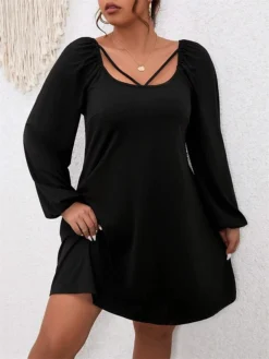 Women‘s Plus Size Curve Party Dress Black Dress Semi Formal Dress Mini Dress Black Long Sleeve Pure Color Patchwork Spring Fall Winter Square Neck Fashion Winter Dress Birthday Wedding Guest 2023 -HANs Plus Size Style Shop abrzrs1691572024806