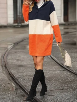 Women's Casual Dress Hoodie Dress Winter Dress Color Block Stripe Patchwork Hooded Mini Dress Active Fashion Daily Date Long Sleeve Regular Fit Orange Fall Autumn S M L XL XXL -HANs Plus Size Style Shop abtbpx1694590441039
