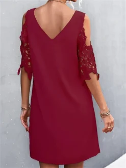 Women's Casual Dress Lace Dress Shift Dress Mini Dress Lace Cold Shoulder Outdoor Street Daily Fashion Streetwear V Neck Half Sleeve 2023 Regular Fit Black Wine Apricot Color S M L XL XXL Size -HANs Plus Size Style Shop aburvn1691495908235