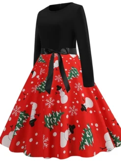 Women's Christmas Casual Dress Swing Dress Vintage Dress Midi Dress Green Blue Light Red Long Sleeve Santa Claus Bow Winter Fall Autumn V Neck Slim 2022 S M L XL XXL 3XL -HANs Plus Size Style Shop abzjlk1666776946562