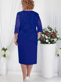 Women's Plus Size Party Dress Lace Dress Cocktail Dress Midi Dress Pink Blue Green 3/4 Length Sleeve Pure Color Lace Spring Fall Winter Crew Neck Fashion Winter Dress Wedding Guest Vacation 2023 L XL -HANs Plus Size Style Shop abzvrx1693806684770