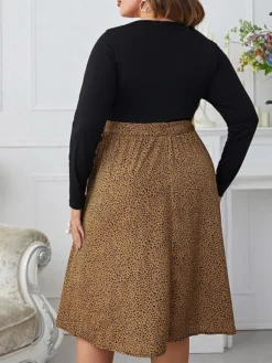 Women's Plus Size Party Dress Wedding Guest Dress Empire Waist Dresses Midi Dress Brown Long Sleeve Print Patchwork Spring Fall Winter Crew Neck Fashion Winter Dress Evening Party Wedding Guest 2023 -HANs Plus Size Style Shop acdkuj1693535301204