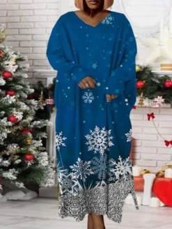 Women‘s Plus Size Christmas Dress Print V Neck Long Sleeve Winter Fall Modern Maxi Long Dress Daily Dress -HANs Plus Size Style Shop acfsmo1668158944997