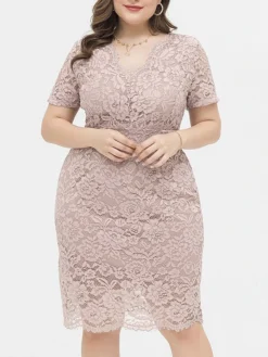 Women's Plus Size Curve Party Dress Lace Dress Cocktail Dress Midi Dress Black Pink Wine Short Sleeve Pure Color Lace Summer Spring Fall V Neck Fashion Birthday Wedding Guest Vacation XL XXL 3XL 4XL -HANs Plus Size Style Shop aclbtc1692165632469