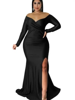 Women‘s Plus Size Curve Party Dress Sheath Dress Swing Dress Solid Color Long Dress Maxi Dress Long Sleeve Split Off Shoulder Fashion Party Black White Winter Fall L XL 3XL 4XL -HANs Plus Size Style Shop acpeep1672800964205