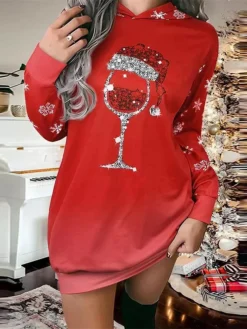 Women's Christmas Casual Dress Hoodie Dress Shift Dress Mini Dress Red Long Sleeve Snowflake Print Winter Fall Autumn Hooded Modern Daily Vacation Loose Fit 2022 S M L XL