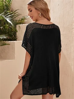 Women's Cover Up Beach Dress Beach Wear Mini Dress Hollow Out Slim Fashion Modern Solid Color V Neck Half Sleeve Loose Fit Daily Vacation Black White 2023 Summer Spring S L -HANs Plus Size Style Shop acuocx1672986446889