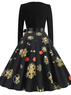 Women's Christmas Swing DressKnee Length Dress Black And White White Light Red Gold Red Long Sleeve Elk Snowman Bell Bow Print Fall Winter Round Neck Vintage Elegant 2022 S M L XL 2XL -HANs Plus Size Style Shop acxebd1663049823233