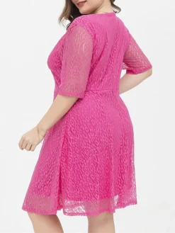 Women's Plus Size Curve Party Dress Lace Dress Cocktail Dress Midi Dress Fuchsia Half Sleeve Pure Color Lace Summer Spring Fall V Neck Fashion Birthday Wedding Guest Vacation 2023 XL XXL 3XL 4XL -HANs Plus Size Style Shop acxvor1692157193178