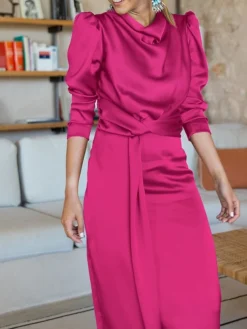 Women's Casual Dress Plain Dress Spring Dress Midi Dress Split Knot Front Work Street Daily Fashion Streetwear Crew Neck Long Sleeve 2023 Regular Fit Black Blue Green Color S M L XL Size -HANs Plus Size Style Shop adbcob1692617873778