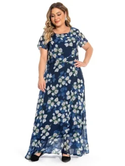 Women‘s Plus Size Curve Casual Dress Swing Dress A Line Dress Floral Long Dress Maxi Dress Short Sleeve Mesh Print Crew Neck Elegant Daily Dark Blue Summer Spring L XL XXL 3XL 4XL -HANs Plus Size Style Shop adjrkk1694769238742