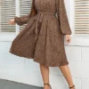 Women's Plus Size Party Dress Wedding Guest Dress Swing Dress Midi Dress Khaki Long Sleeve Dot Button Spring Fall Winter V Neck Fashion Winter Dress Evening Party Wedding Guest 2023 XL XXL 3XL 4XL