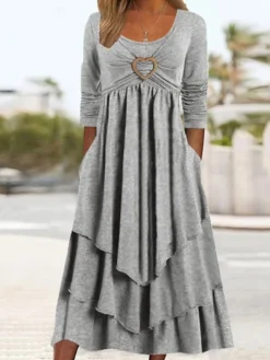 Women's Casual Dress Swing Dress Midi Dress Green Light Grey Dark Gray Long Sleeve Pure Color Ruched Winter Fall Spring U Neck Fashion Vacation 2023 S M L XL XXL 3XL -HANs Plus Size Style Shop adocsr1675763880512