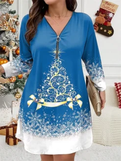 Women's Plus Size Curve Christmas Dress Casual Dress Winter Dress Christmas Tree Snowflake Mini Dress Long Sleeve Print V Neck Fashion Outdoor Black Wine Fall Winter L XL 2XL 3XL 4XL -HANs Plus Size Style Shop adrqgu1697799818537