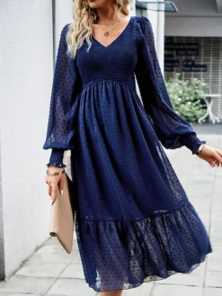 Women's Casual Dress Black Dress Plain Dress Midi Dress Ruched Street Daily Holiday Fashion Streetwear V Neck Long Sleeve 2023 Slim Black Blue Dark Blue Color S M L XL Size -HANs Plus Size Style Shop aeeraj1692685997614