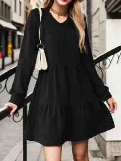 Women's Casual Dress Bodycon Black Dress Mini Dress Patchwork Outdoor Street Daily Active Fashion V Neck Long Sleeve 2023 Regular Fit Light Pink Black Dark Blue Color S M L XL XXL Size -HANs Plus Size Style Shop aeilvn1692936847485