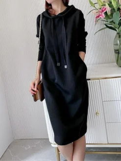 Women's Casual Dress Hoodie Dress Midi Dress Active Daily Outdoor Going Out Weekend Hoodie Pocket Solid Color Loose Fit Black Pink Green M L XL XXL 3XL -HANs Plus Size Style Shop aenhgt1694427874105