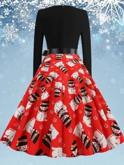 Women's Christmas Swing Dress Vintage DressKnee Length Dress Green Blue Wine Light Red Dark Green Red Long Sleeve Floral Snowman Tree Bow Print Fall Winter V Neck Vintage Fashion Casual 2022 S M L -HANs Plus Size Style Shop aenslz1668077096062