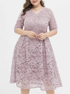 Women‘s Plus Size Curve Party Dress Lace Dress Cocktail Dress Midi Dress Black Pink Wine Half Sleeve Pure Color Lace Summer Spring Fall V Neck Fashion Birthday Wedding Guest Vacation 2023 -HANs Plus Size Style Shop aeyrpm1691564484595