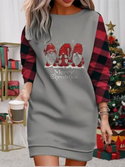 Women's Christmas Casual Dress Sweatshirt Dress Mini Dress Warm Fashion Outdoor Vacation Crew Neck Print Geometric Santa Claus Loose Fit Black Red Burgundy S M L XL XXL -HANs Plus Size Style Shop afacob1695365425320