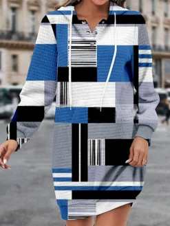 Women's Casual Dress Hoodie Dress Winter Dress Geometric Plaid Button Print Hooded Mini Dress Fashion Streetwear Outdoor Daily Long Sleeve Regular Fit Pink Blue Green Fall Winter S M L XL XXL