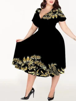 Women‘s Plus Size Curve Casual Dress A Line Dress Graphic Midi Dress Short Sleeve Print V Neck Elegant Holiday Black White Summer Spring L XL XXL 3XL 4XL -HANs Plus Size Style Shop afjmpb1678695529095