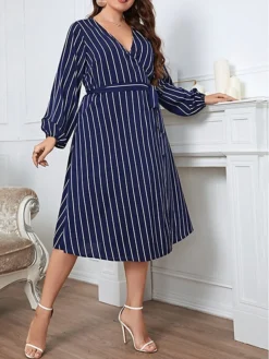 Women's Plus Size Party Dress Wedding Guest Dress Wrap Dress Midi Dress Royal Blue Long Sleeve Line With Belt Spring Fall Winter V Neck Fashion Winter Dress Evening Party Wedding Guest 2023 XL XXL -HANs Plus Size Style Shop afpqbo1693535289641