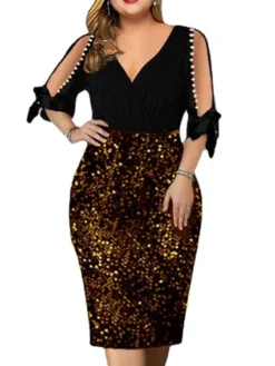 Women‘s Plus Size Curve Party Dress Solid Color V Neck Sequins Half Sleeve Spring Fall Stylish Sequins Prom Dress Midi Dress Party Club Dress Sheath Dress Sequin Dress -HANs Plus Size Style Shop afsjzy1656496082892