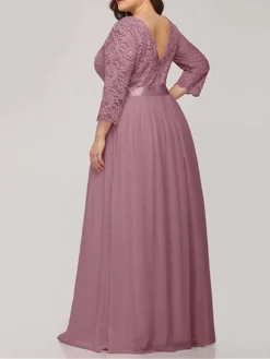 Women's Plus Size Curve Prom Dress Party Dress Lace Dress Long Dress Maxi Dress White Pink Wine 3/4 Length Sleeve Pure Color Lace Spring Fall Winter Crew Neck Fashion Birthday Evening Party -HANs Plus Size Style Shop afvybd1692156791593