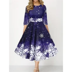 Women's Christmas Skater Dress Print DressMidi Dress Green Purple Dark Red Dark Blue Black 3/4 Length Sleeve Print Snowflake Patchwork Print Fall Winter Crew Neck Fashion Party 2022 S M L XL 2XL 3XL -HANs Plus Size Style Shop afxgiz1665489400739
