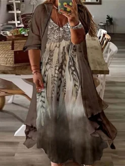 Women‘s Plus Size Curve Two Piece Dress Casual Dress Floral V Neck Maxi Dress Print Half Sleeve Fall Spring Dress Casual Daily Vacation Dress -HANs Plus Size Style Shop afzrso1649760913506