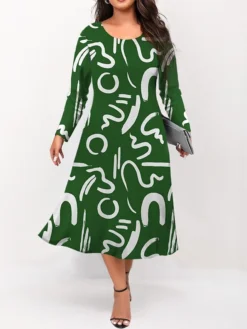 Women's Plus Size Curve Casual Dress Skater Dress A Line Dress Letter Midi Dress Long Sleeve Print Crew Neck Fashion Outdoor Blue Green Fall Winter L XL XXL 3XL 4XL -HANs Plus Size Style Shop agchny1695191648343