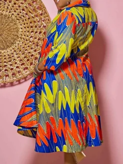 Women's Plus Size Curve Shirt Dress Casual Dress Swing Dress Floral Geometric Midi Dress 3/4 Length Sleeve Plus High Low Print Shirt Collar Fashion Daily White Yellow Fall Winter L XL XXL 3XL -HANs Plus Size Style Shop agirgt1694594680143