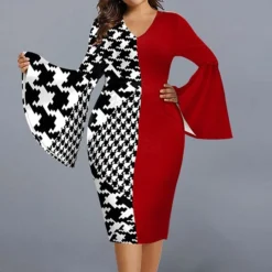 Women‘s Plus Size Curve Party Dress Geometry V Neck Split Long Sleeve Fall Winter Casual Prom Dress Knee Length Dress Casual Daily DressPrint -HANs Plus Size Style Shop agkdkt1642500144050