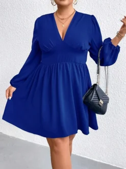 Women‘s Plus Size Curve Party Dress Wedding Guest Dress Sheath Dress Mini Dress Blue Long Sleeve Pure Color Ruched Fall Winter Autumn Deep V Fashion Wedding Guest Vacation Fall Dress 2023 -HANs Plus Size Style Shop aglikq1692170876557