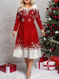 Women's Plus Size Curve Casual Dress Winter Dress Skater Dress Snowflake Midi Dress Long Sleeve Print Crew Neck Fashion Outdoor White Wine Fall Winter L XL XXL 3XL 4XL -HANs Plus Size Style Shop ahcsem1697687265802