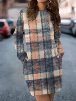 Women's Casual Dress Sweatshirt Dress Mini Dress Warm Fashion Outdoor Vacation Going Out Crew Neck Pocket Print Geometric Loose Fit Yellow Blue Orange S M L XL XXL -HANs Plus Size Style Shop ahdyed1694590956375