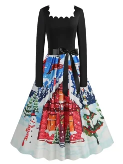 Women's Christmas Vintage Dress Swing Dress Mini Dress Black Pink Dark Blue Red Navy Blue Light Blue Long Sleeve Santa Claus Elk Snowman With Belt Print Winter Fall Square Neck 2022 S M L XL -HANs Plus Size Style Shop ahfcal1666676135481