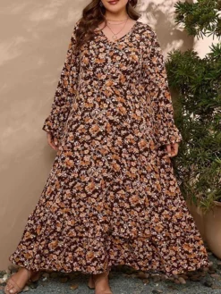 Women's Plus Size Party Dress Wedding Guest Dress Swing Dress Long Dress Maxi Dress Brown Long Sleeve Floral Ruffle Fall Winter Autumn V Neck Fashion Winter Dress Birthday Wedding Guest 2023 L XL XXL -HANs Plus Size Style Shop ahgbik1693535297746