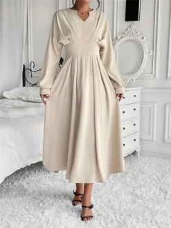 Women's Casual Dress Swing Dress Plain Dress Long Dress Maxi Dress Ruched Daily Date Going Out Fashion Basic Split Neck Long Sleeve 2023 Regular Fit Beige Color S M L XL XXL Size