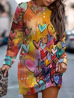 Women's Casual Dress Sweatshirt Dress Mini Dress Warm Fashion Outdoor Vacation Going Out Crew Neck Print Floral Loose Fit Pink Orange S M L XL XXL -HANs Plus Size Style Shop ahwxwp1696524414558