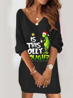 Women's Sweatshirt Dress Shift Dress Sweat Dress Mini Dress Black Light Green Red 3/4 Length Sleeve Grinch Print Spring Fall Winter V Neck Fashion Christmas Loose Fit 2023 S M L XL XXL 3XL -HANs Plus Size Style Shop aiaamo1668759254138