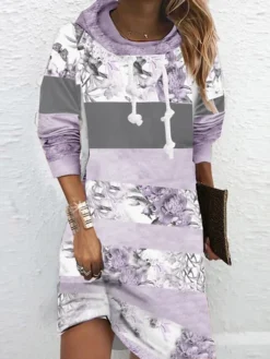 Women‘s Hoodie Dress Winter Dress Blue Purple Pink Long Sleeve Floral Print Winter Fall Hooded Vacation Casual Fall Dress 2022 S M L XL XXL 3XL -HANs Plus Size Style Shop aikeah1665456561842
