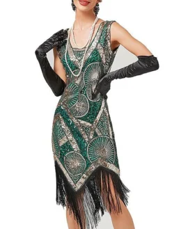 Women's Retro 1920s Fringe Dress Midi Dress Party Halloween Sequins Tassel Fringe Geometric V Neck Sleeveless Regular Fit Spring Fall 2023 Black Red XS S M L -HANs Plus Size Style Shop aiytuk1692947261453