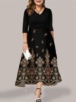 Women's Plus Size Curve Casual Dress Swing Dress Floral Long Dress Maxi Dress 3/4 Length Sleeve Pocket Print V Neck Fashion Outdoor Black Yellow Fall Winter L XL XXL 3XL 4XL -HANs Plus Size Style Shop ajgyit1694574641073
