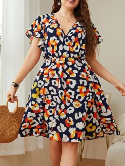 Women‘s Plus Size Curve Casual Sweater Dress Floral Sweater Dress Floral Midi Sweater Dress Short Sleeve Print V Neck Fashion Daily Blue Spring Summer XL XXL 3XL 4XL