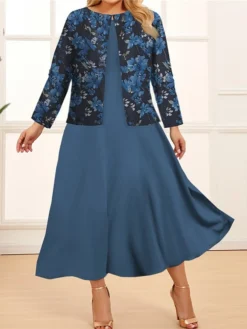 Women‘s Plus Size Curve Two Piece Dress Set Casual Dress Swing Dress Outdoor Office Fashion Streetwear Print Midi Dress Crew Neck Long Sleeve Floral Regular Fit Navy Blue Royal Blue Purple Spring Fall -HANs Plus Size Style Shop ajkueo1691646811428